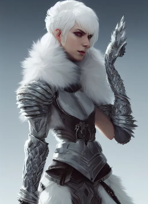 Image similar to fur - lined armor!!! beautiful and elegant white haired female!! gorgeous ayes!! character concept art, sharp focus, octane render! unreal engine 5! highly rendered!! trending on artstation!! detailed linework!! illustration by bussiere rutkowski andreas rocha