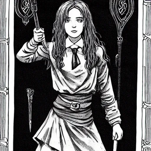Prompt: pen and ink!!!! attractive boy as Hermione Granger!!!! magic wizard!!!! in a beautiful classroom magic the gathering dramatic esoteric!!!!!! pen and ink!!!!! illustrated in high detail!!!!!!!! by Hiroya Oku!!!!!!!!! Written by Wes Anderson graphic novel published on shonen jump MTG!!! 2049 award winning!!!! full body portrait!!!!! action exposition manga panel