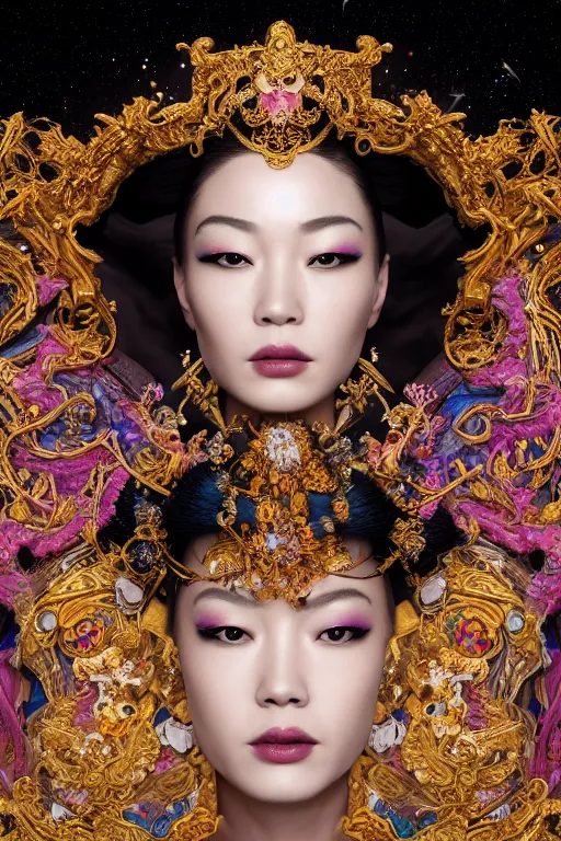 Image similar to a beautiful empress portrait, with a brilliant, impossible striking big cosmic galaxy headpiece, clothes entirely made out of cosmos chaos energy, symmetrical, dramatic studio lighting, rococo, baroque, jewels, asian, hyperrealism, closeup, D&D, fantasy, intricate, elegant, highly detailed, digital painting, artstation, octane render, 8k, concept art, matte, sharp focus, illustration, art by Artgerm and Greg Rutkowski and Alphonse Mucha