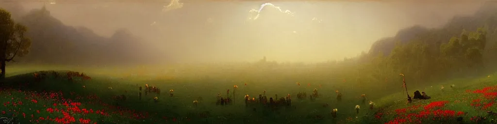 Prompt: extremely beautiful meadow with all kinds of little creatures running and flying, Ivan Aivazovsky, Christopher Balaskas, Noah Bradley, Albert Bierstadt, Jim Burns, Edwin Church, Frederic Thomas Cole, Brown Durand, Asher David Friedrich, Caspar James Gurney, Johnson Heade, Martin Raphael Lacoste, Ted Nasmith, Andreas Rocha, Christophe Vacher