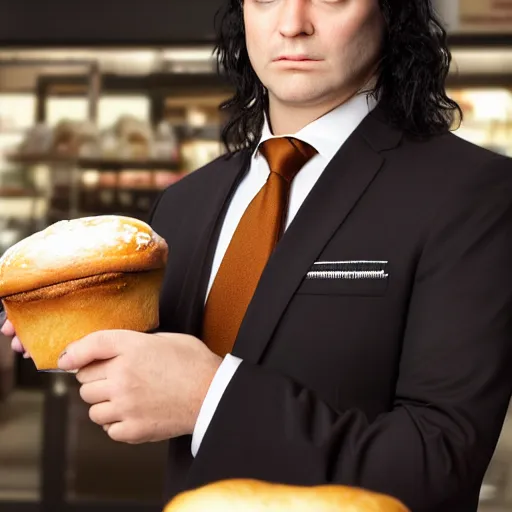 Image similar to Close up portrait of a clean-shaven chubby man with long black hair wearing a brown suit and necktie with a bakery in the background. Photorealistic. Award winning. Dramatic lighting. Intricate details. UHD 8K. He looks guilty and is giving puppy dog eyes.