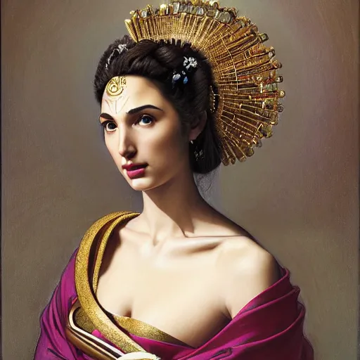 Image similar to Head and shoulders masterpiece portrait oil painting of the beautiful goddess Gal Gadot as Geisha, she is wearing roman clothes and a surreal jewelry, her hair is natural disheveled, she is approaching heaven over the clouds, naturalism, dramatic lighting, high-detailed oil painting by Ilya Repin, Michelangelo da Caravaggio, William Blake, Alex Grey and Beksinski, trending on Artsation, hystorical painting, naturalism, masterpiece, 4k, 8k,