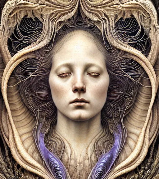 Image similar to detailed realistic beautiful shell goddess face portrait by jean delville, gustave dore, iris van herpen and marco mazzoni, art forms of nature by ernst haeckel, art nouveau, symbolist, visionary, gothic, neo - gothic, pre - raphaelite, fractal lace, intricate alien botanicals, ai biodiversity, surreality, hyperdetailed ultrasharp octane render