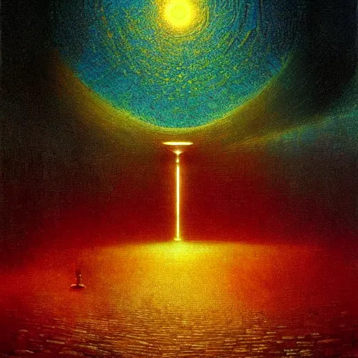 Prompt: The first artificial general intelligence awakens - award-winning digital artwork by Salvador Dali, Beksiński, Van Gogh and Monet. Stunning lighting