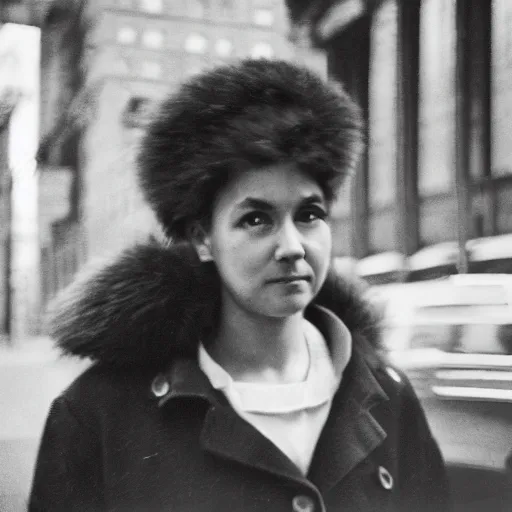 Prompt: street photography portrait of a woman in new york from the year 1 9 6 0, ultra - detailed hyper - realistic, photographed on damaged film