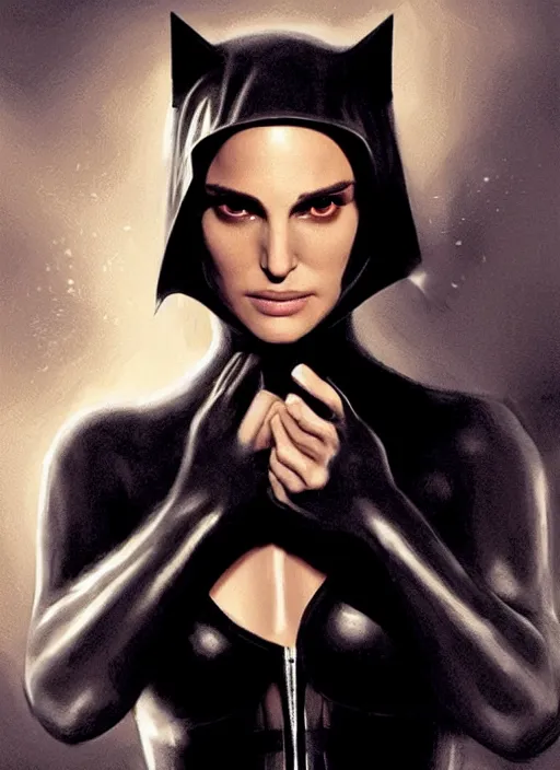 Prompt: A beautiful portrait of Natalie Portman as Catwoman, cinematic, Greg rutkowski