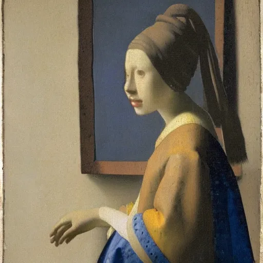 Prompt: A portrait created by Johannes Vermeer of a young woman, delicate and serene, in muted colors.