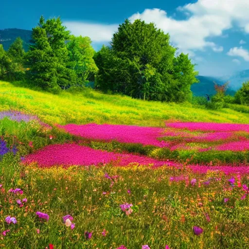 Image similar to a flower meadow with blooming trees, beautiful landscape