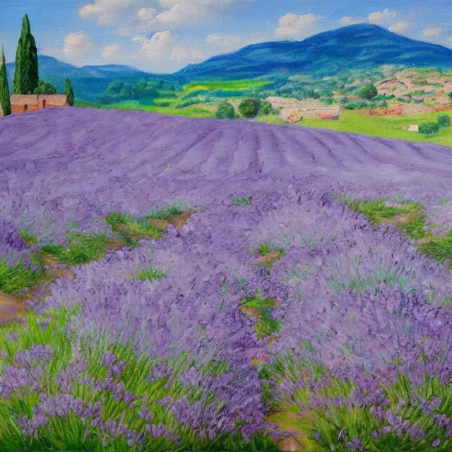 Image similar to lavander field in italian landscape, oil painting