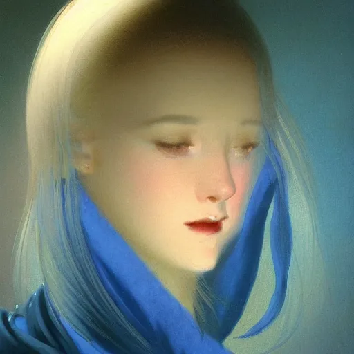 Image similar to a young woman's face, her hair is white and she wears an indigo satin cloak, by ivan aivazovsky and syd mead and moebius and gaston bussiere and roger dean and pieter claesz and paul delaroche and alma tadema and aelbert cuyp and willem claesz, hyperrealistic, volumetric light, octane render