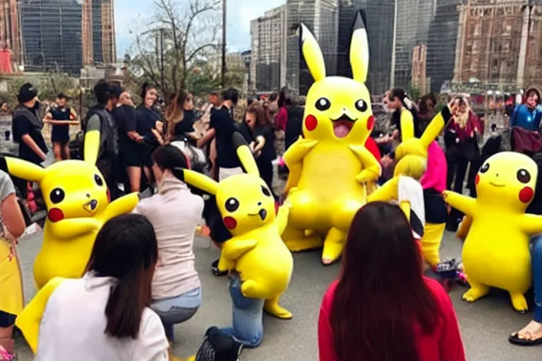 Image similar to a group of young woman are crowded around a life size pikachu and they looking directly it and they are laughing at it