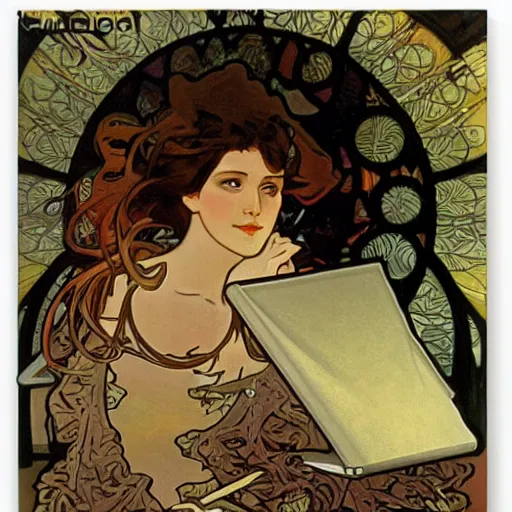 Prompt: a confused designer looking at their laptop by Alphonse Mucha