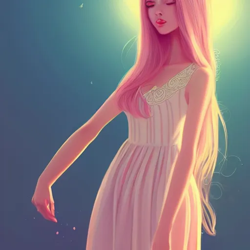 Image similar to happy adult female in sundress, summer dress, pastel light pink very long hair, muted colors, matte print, pastel colors, ornate, digital art, digital painting, fan art, elegant, artstation, head is centered, by Ilya Kuvshinov