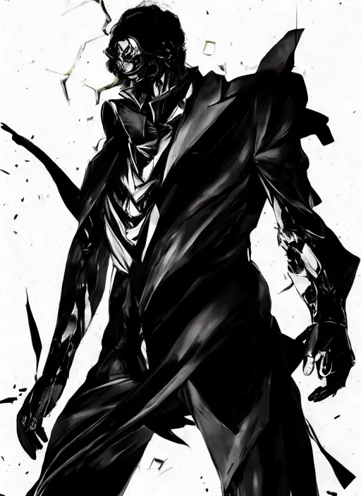 Image similar to Full body portrait of a god of intellect, a man in a tuxedo wearing a shattered mirror mask. In style of Yoji Shinkawa and Hyung-tae Kim, trending on ArtStation, dark fantasy, great composition, concept art, highly detailed, dynamic pose.