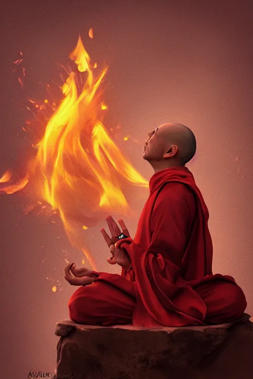 Image similar to A meditating monk on fire by Afshar Petros, Trending on artstation.