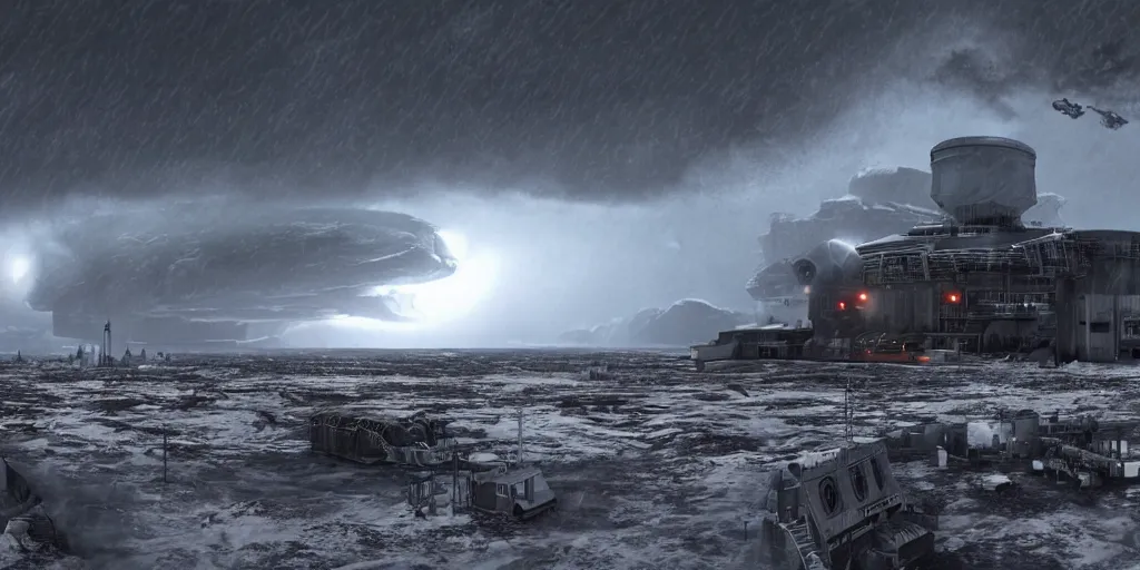 Image similar to hadley's hope base from movie aliens on lv 4 2 6 in the middle of the storm, atmosphere processor in the background, night, photorealistic, highly detailed, wide angle
