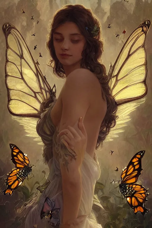 Prompt: portrait of faerie with butterfly wings, elegant, regal, intricate, fireflies in background, highly detailed, digital painting, artstation, concept art, sharp focus, painterly ink illustration, art by artgerm and greg rutkowski and alphonse mucha