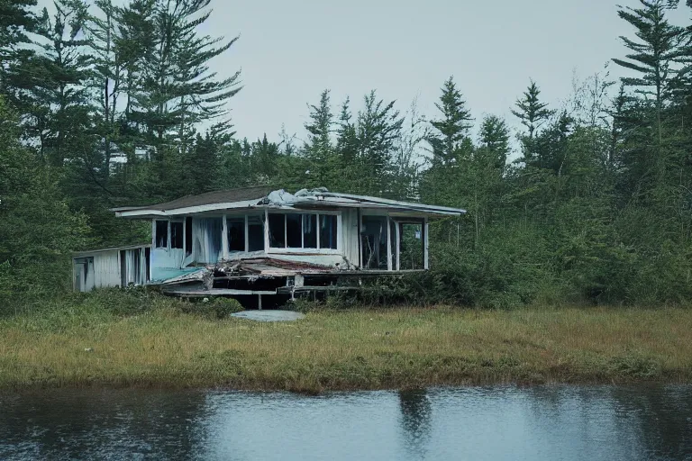 Image similar to a solitary 1 9 6 0 s bungalow style cottage [ heavily damaged with age ] on raven lake, near the outskirts of halifax, ns. hd photography, realistic, inspired by gregory crewdson.