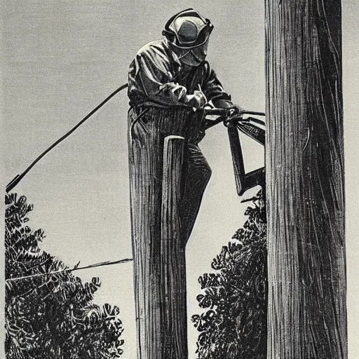 Prompt: A lineman working on a utility pole (telephone pole), a wasp nest on the pole. painting, commercial illustration, 1960s,