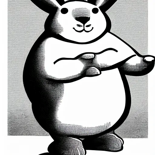 Image similar to book illustration of big chungus, book illustration, monochromatic, white background, black and white image