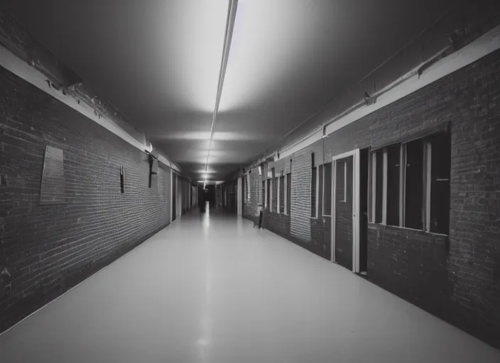 Image similar to a school corridor at night, lights off, moonlight coming through the window