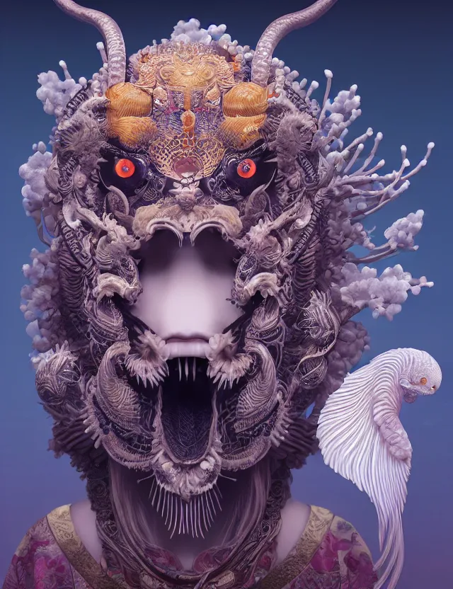 Image similar to 3 d goddess close - up frontal portrait with ram skull. beautiful intricately detailed japanese crow kitsune mask and clasical japanese kimono. betta fish, jellyfish phoenix, bio luminescent, plasma, ice, water, wind, creature, artwork by tooth wu and wlop and beeple and greg rutkowski