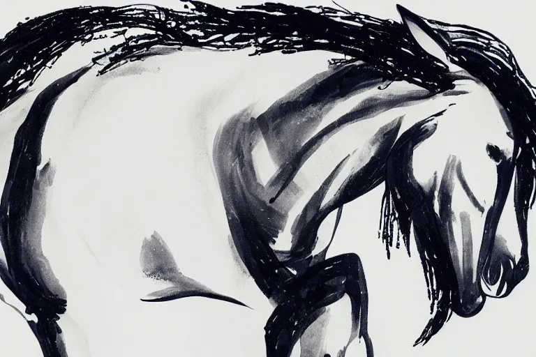 Prompt: bautiful serene horse, healing through motion, minimalistic ink aribrush painting on white background