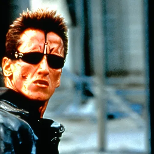 Prompt: cinematic still from terminator 2 : judgement day with the terminator played by sylvester stallone