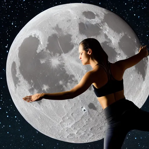 Prompt: female yoga instructor on a surface of a moon