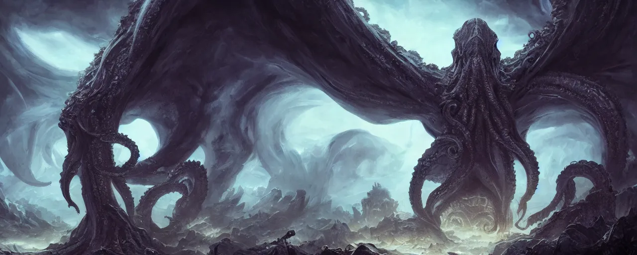 Prompt: gigantic Cthulhu opening a portal to the abyss in the middle of an advanced city, large scale, breathtaking, mixed media, digital art, trending on artstation, 8k, epic composition, highly detailed, AAA graphics