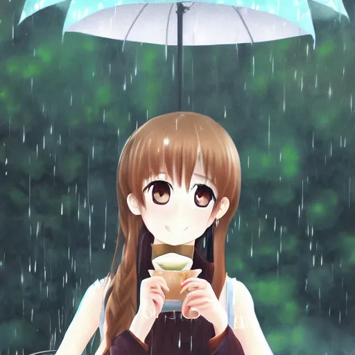 Image similar to portrait of a girl drinking cappucino during rain, anime fantasy illustration by tomoyuki yamasaki, kyoto studio, madhouse, ufotable, trending on artstation