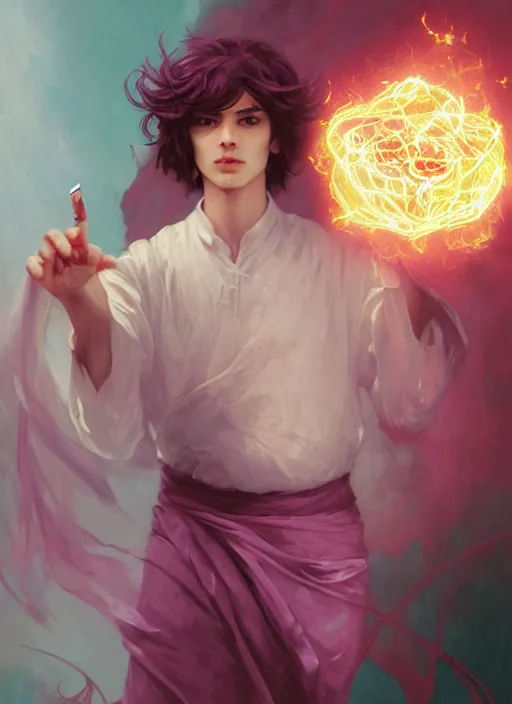 Image similar to character concept portrait of an attractive young bored Spanish wizard with magenta skin conjuring an fireball spell, a floating iridescent spell book in the center, intricate, elegant, digital painting, concept art, smooth, sharp focus, illustration, from Metal Gear, by Ruan Jia and Mandy Jurgens and William-Adolphe Bouguereau, Artgerm