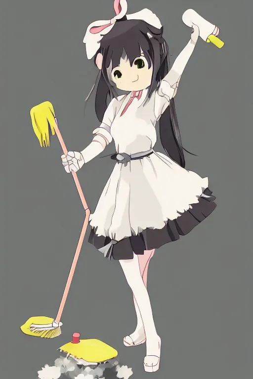 Image similar to cute anime maid cleaning, character drawing, studio ghibli, animation, detailed, award winning, trending on artstation,