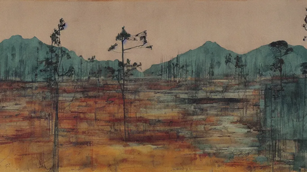 Image similar to a chinese prison near a river by peter doig, muted colors