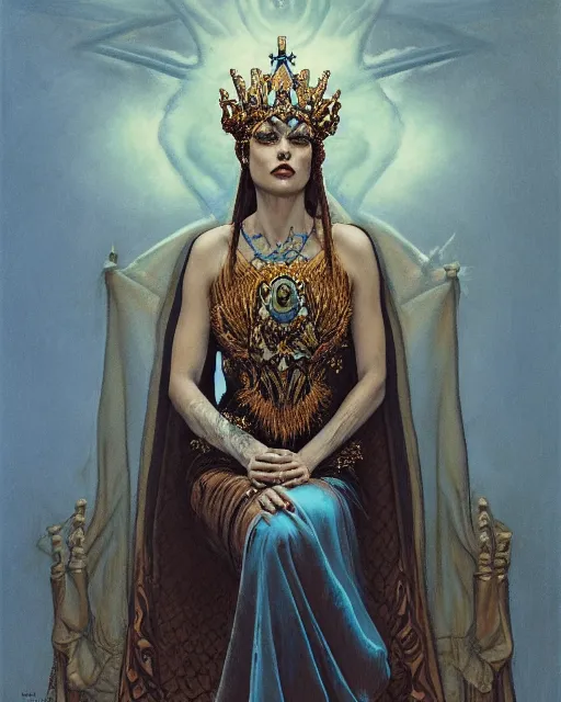 Image similar to full view Symbolic portrait of an ethereal Queen in a crown of sorrow wearing a ornate dress sitting on a throne by Gerald Brom and Jean Delville, detailed and realistic, featured on Artstation, soft lighting, behance