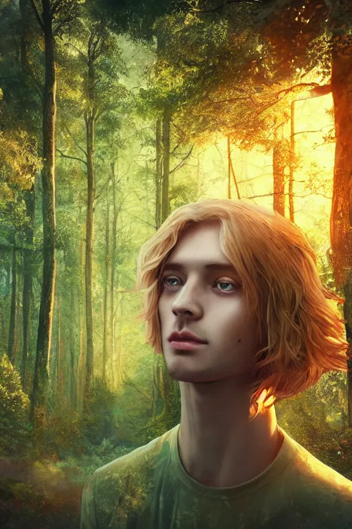 Image similar to pretty young man with long golden blond hair, symmetrical face, demure, slender, lost, trees, detailed forest background, webtoon, breathtaking scenery, colourful, 8 k, graphic novel, digital art trending on artstation, volumetric lighting, octane render, cinematic, hyper detailed, magical atmosphere, magical forest