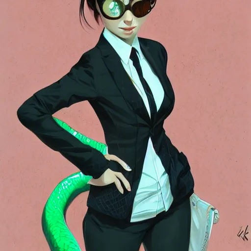 Image similar to cute beautiful decisive girl in jacket suit with snake print over bare skin, elegant, 2d, ultra highly detailed, digital painting, smooth, sharp focus, artstation, pixiv, art by Ilya Kuvshinov