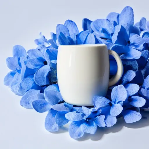 Prompt: clay mug on a white surface surrounded by a plethora of blue and white flowers, bright white realistic, up close shot, white background, zen, light, modern minimalist f 2 0