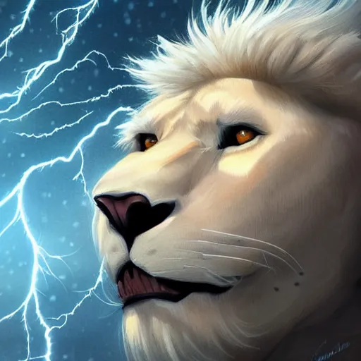 Image similar to aesthetic half body portrait commission of a albino male furry anthro lion wearing gym clothing at an athletic track during a storm, detailed face , hyperdetailed, snowy winter atmosphere. Character design by charlie bowater, ross tran, artgerm, and makoto shinkai, detailed, inked, western comic book art, 2021 award winning painting