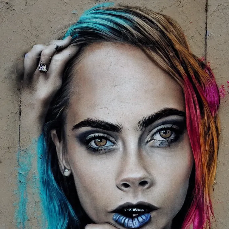 Prompt: Street-art portrait of Cara Delevingne in style of Banksy, photorealism, elegan woman, smiling, clear eyes