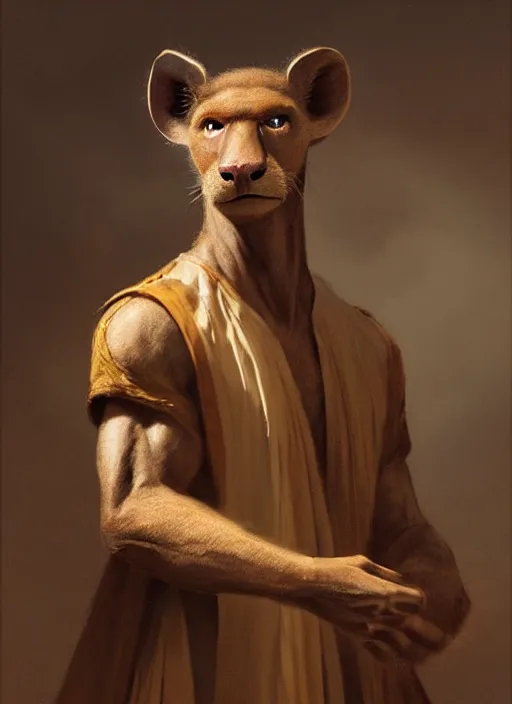 Prompt: a beautiful closeup shot from a fantasy film of a humanoid fossa wearing a loose tunic. an anthropomorphic fossa. portrait. joseph ducreux, greg rutkowski.