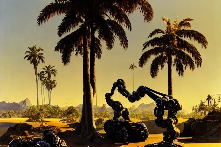 Image similar to natural american landscape | robot repairing another robot | palm trees | snowy mountains, painting by syd mead and weta studio and james jean, frank frazetta, highly detailed, rule of third, soft lighting, 8 k resolution, oil on canvas, architectural magazine, beautiful detailed, insanely intricate details, artstation trending, hypermaximalistic, high details, cinematic