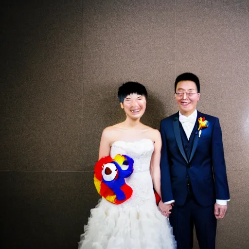 Prompt: cookie monster marries justin sun, professional gay wedding photography
