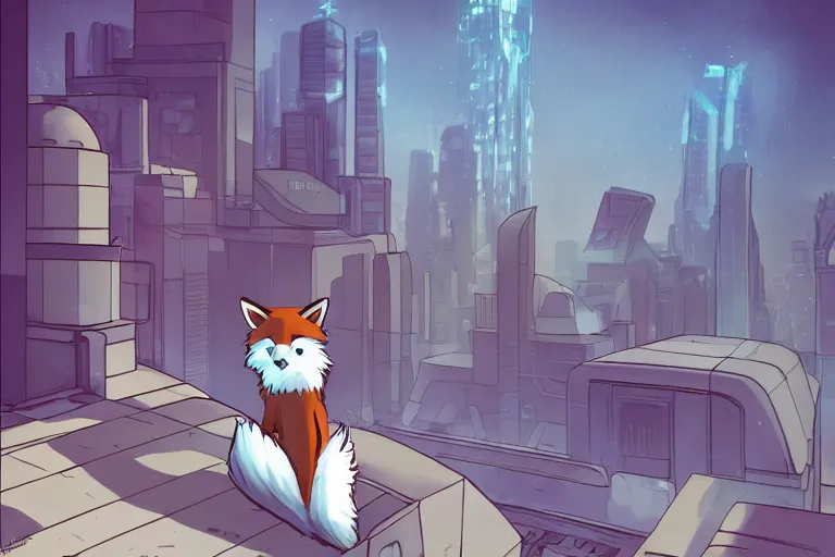 Image similar to an anthropomorphic fox with a fluffy tail staring over a futuristic city from the top of a roof, comic art, trending on furaffinity, cyberpunk, backlighting, cartoon