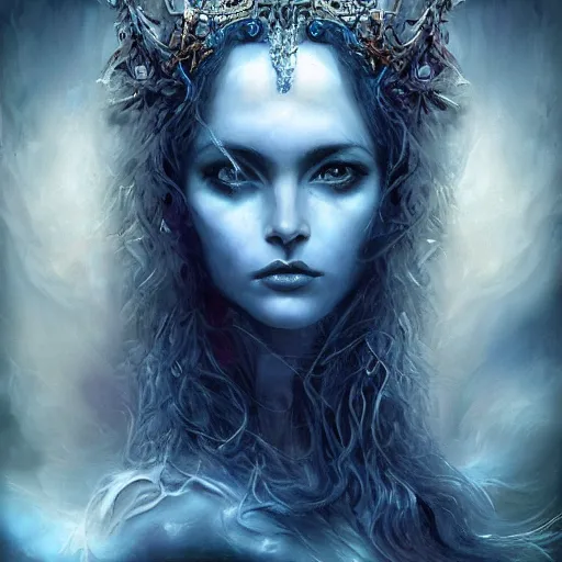 Image similar to masterpiece goddess of sorrow, realistic portrait, 3 0 years woman, melancholic face, long hair, digital painting by louis royo and julie bell, dark tenebrous blue background, cinematic light, aura effect, some chaotic sparkles, wind, unreal engine, artstation, deviantart, pinterest, darker