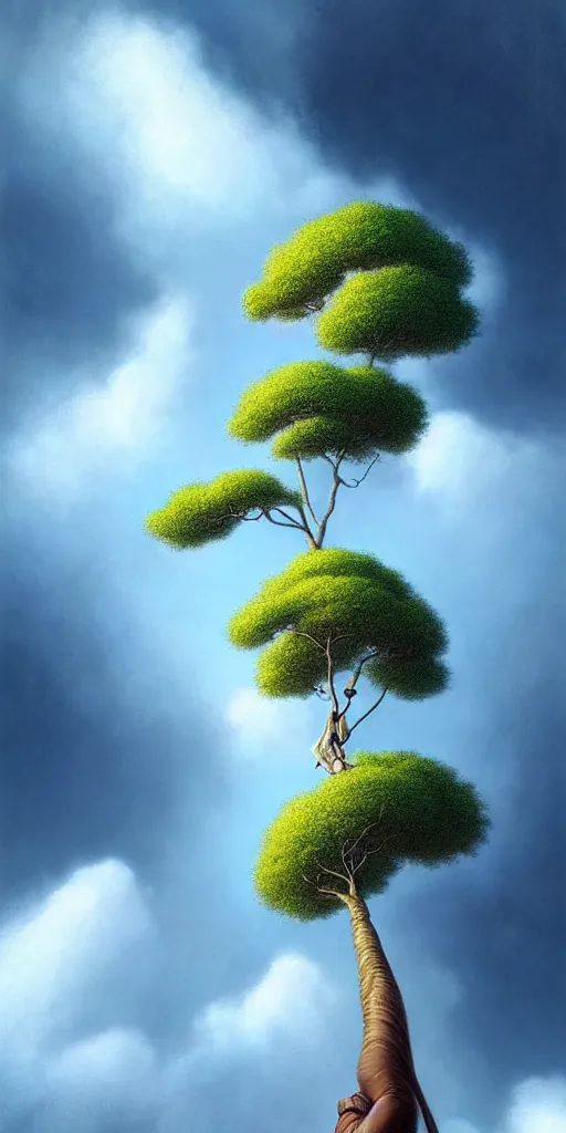 Prompt: a thin tree that reaches the clouds, low angle, ant perspective, fantasy digital painting by artgerm and leyendecker, surreal, photorealistic