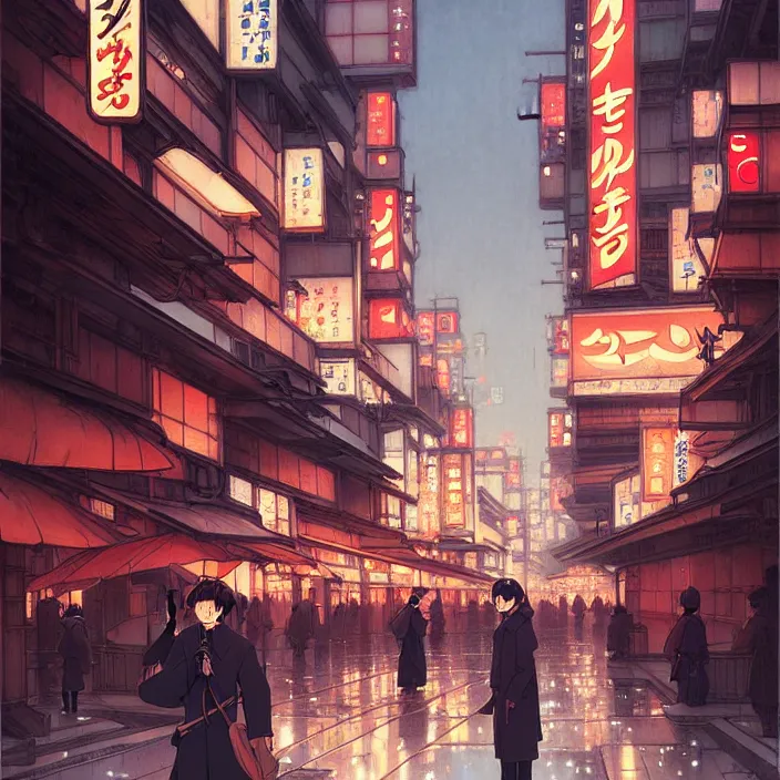 Image similar to empty tokyo at night, winter, in the style of studio ghibli, j. c. leyendecker, greg rutkowski, artem