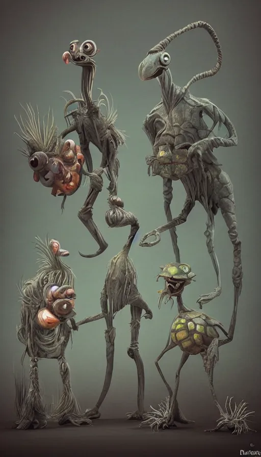 Prompt: a strange bird turtle giraffe chimp chimera creature with scales and feathers and fins waiting for the bus with other monsters, on an alien planet, platonic forms, in the style of shaun tan, sam shearon, dr seuss, leng jun, close up, fantastic, wonderful, science fiction, dramatic studio lighting, 3 d sculpture unreal engine