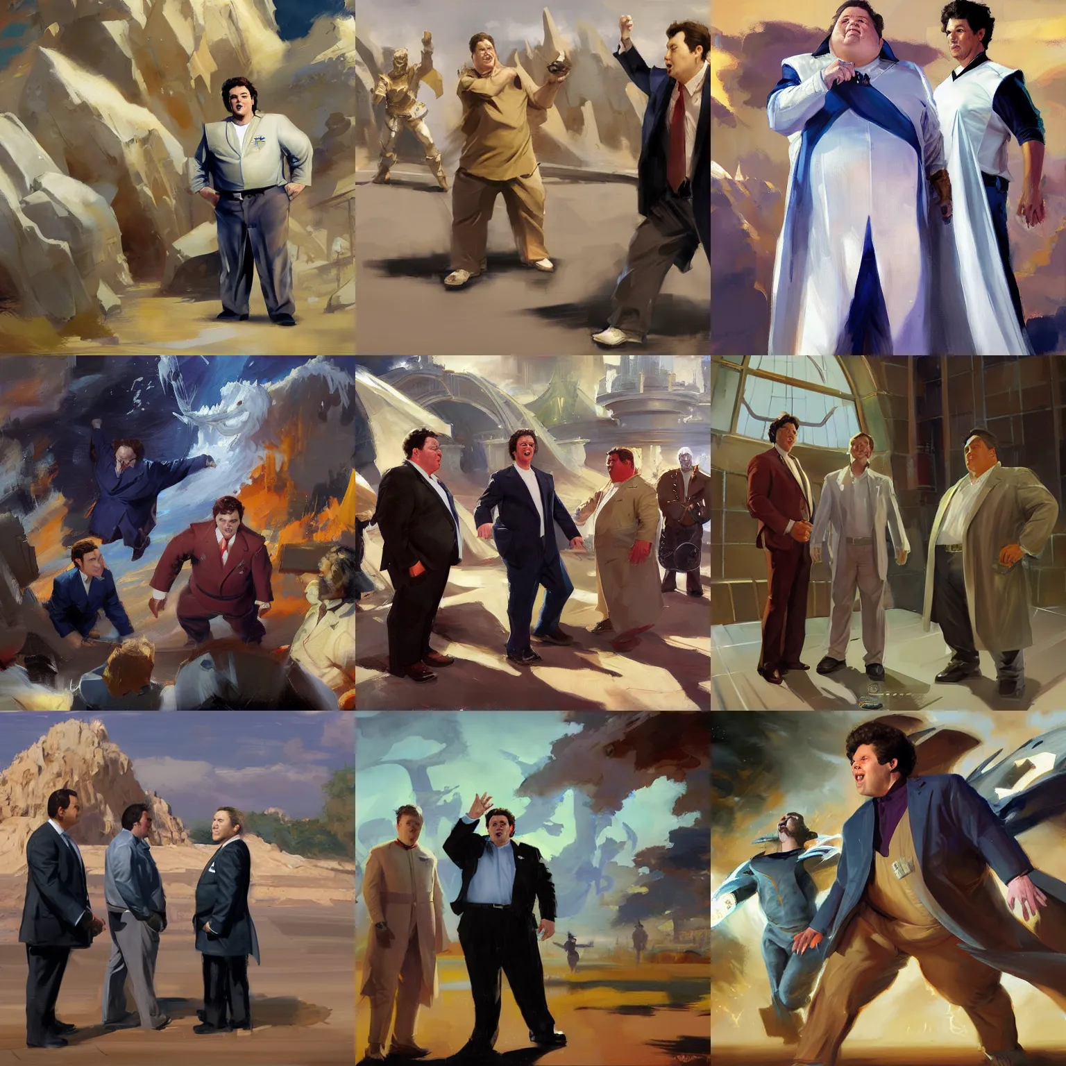 Prompt: artwork by greg manchess, craig mullins, and brad rigney, obese joel osteen, starfleet uniforms, artstation, masterpiece, high detail, wide camera angle