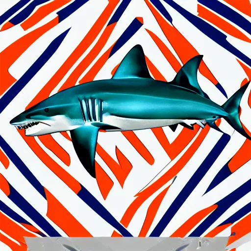 Prompt: great white shark, side view, with a silver and orange striped traffic cone construction cone on its dorsal fin, mandala background fractal background detailed - ron cheng & alphonse mucha, highly detailed, digital painting, ray tracing, concept art, illustration, smooth sharp focus, intricate, symmetry, artstation,